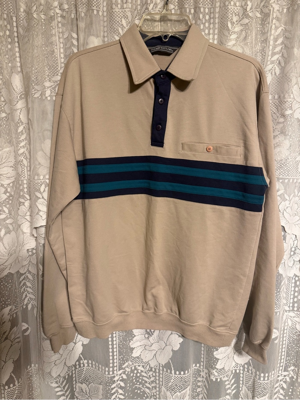 Vintage David Taylor Tan Striped Polo Sweatshirt - Retro 90s Aesthetic